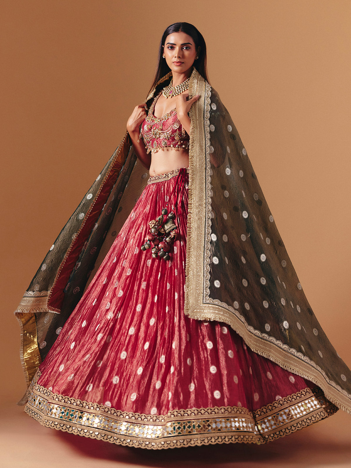 Maroon crushed tissue silk designer lehenga choli with contrast dupatta