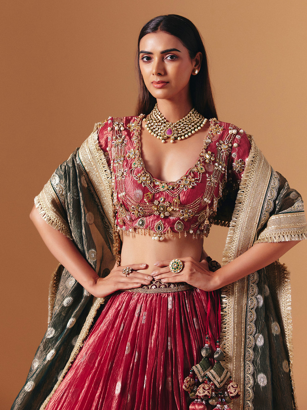 Maroon crushed tissue silk designer lehenga choli with contrast dupatta