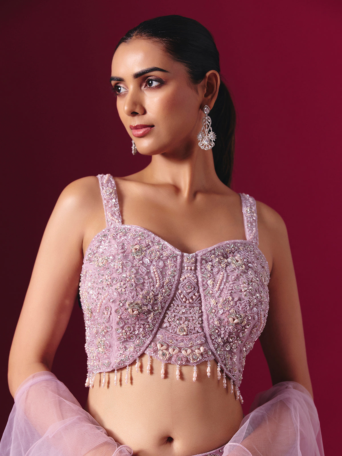 Lilac purple chiffon designer lehenga choli with ruffle dupatta style