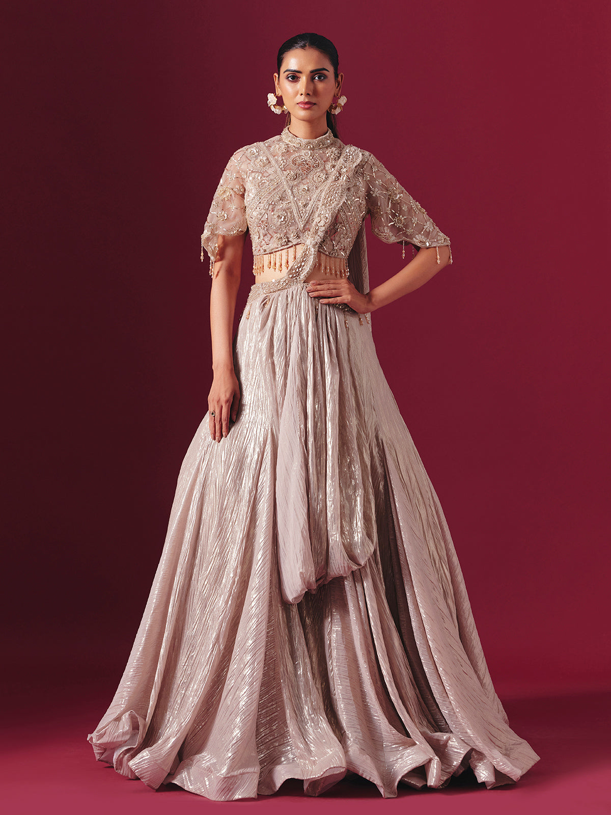 Beige crushed tissue silk designer lehenga choli with attached dupatta