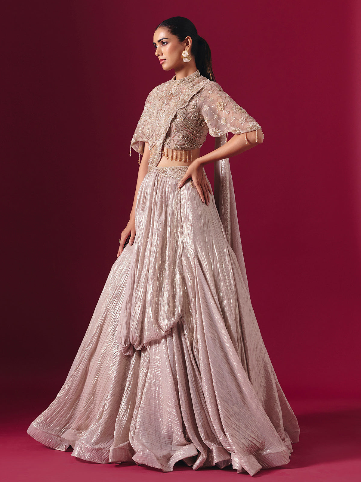 Beige crushed tissue silk designer lehenga choli with attached dupatta
