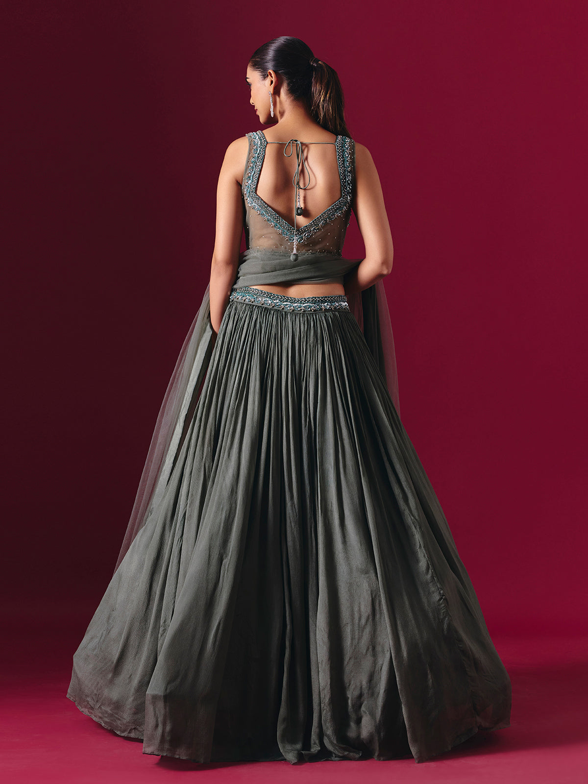 Charcoal grey chiffon georgette designer lehenga choli with elegant dupatta style