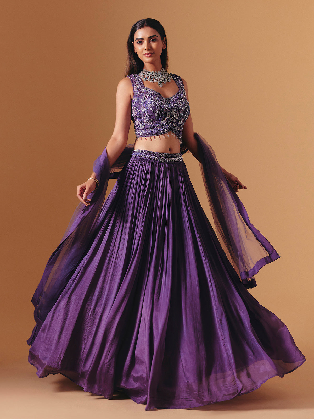 Dark purple chiffon georgette designer lehenga choli with elegant dupatta