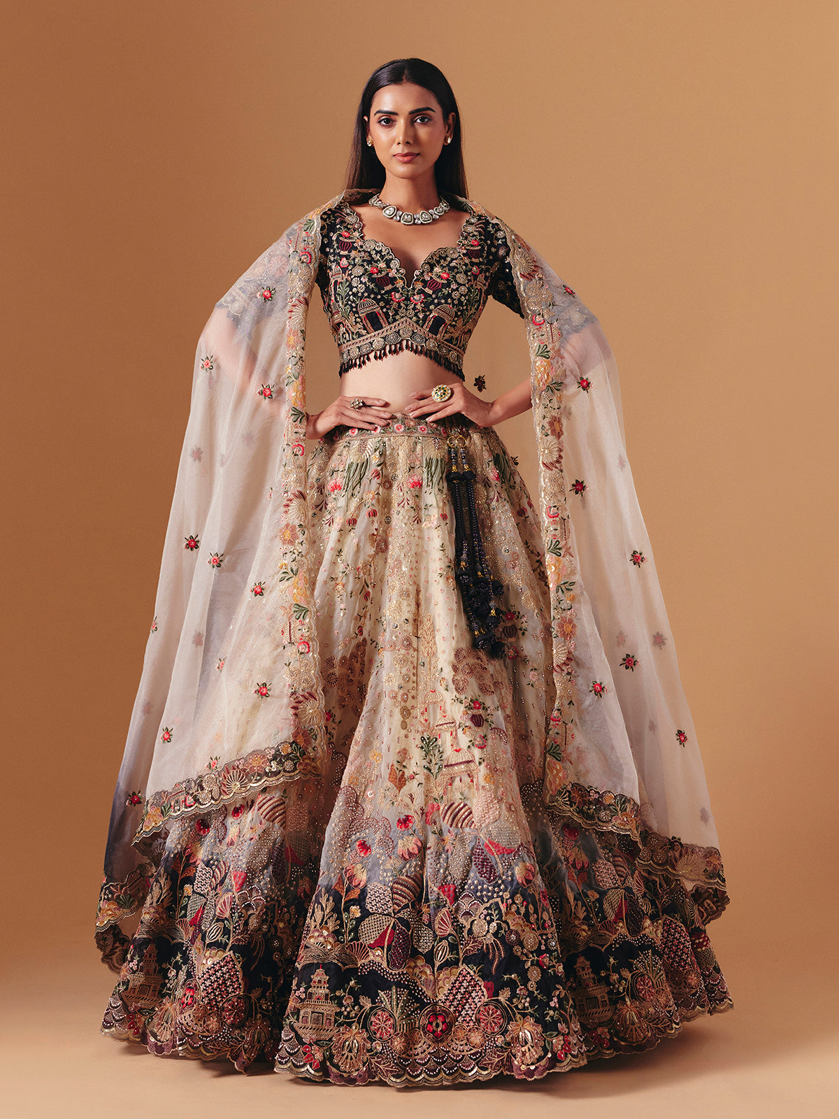 Cream and black silk designer lehenga choli with dupatta style