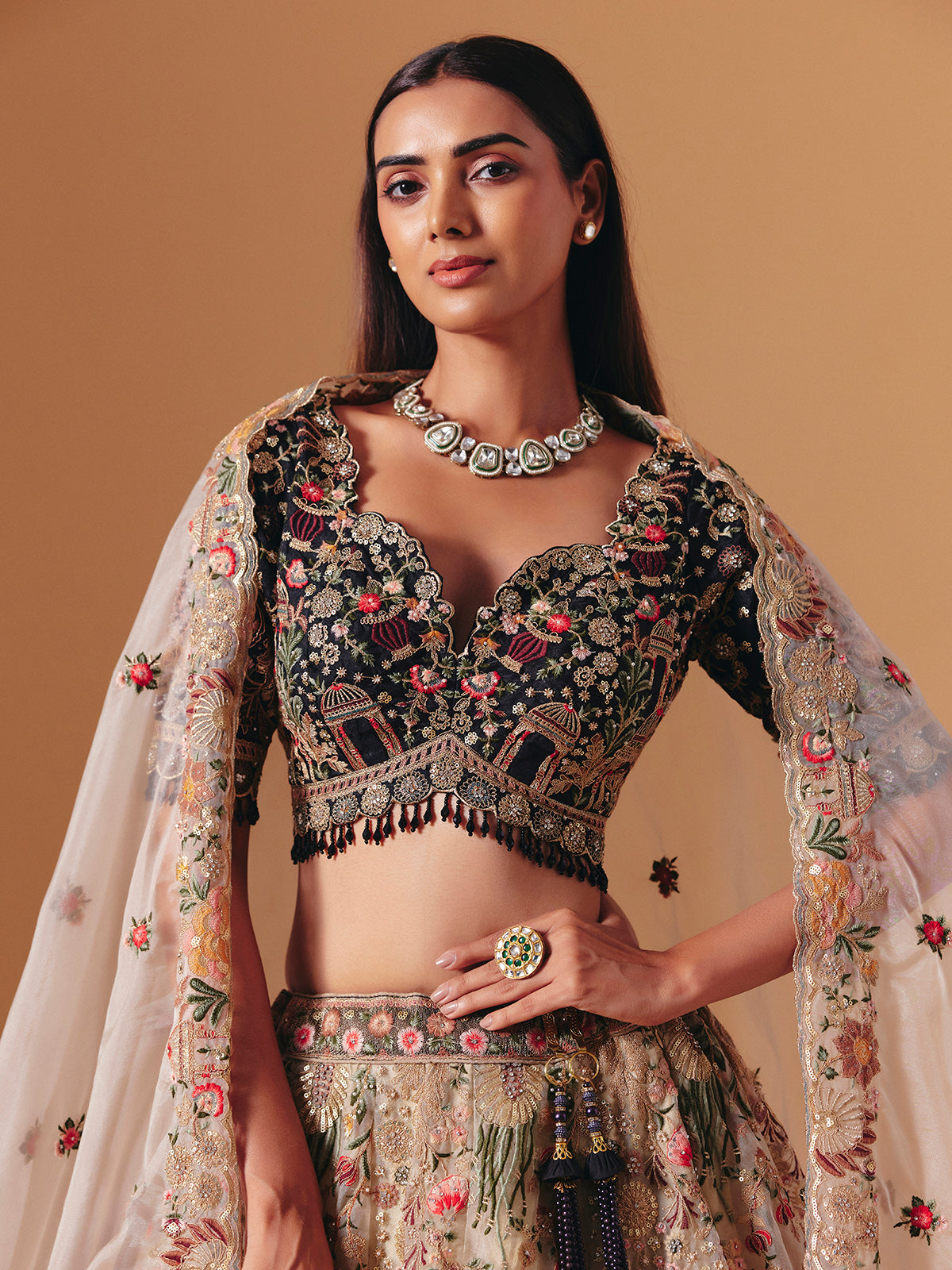 Cream and black silk designer lehenga choli with dupatta style