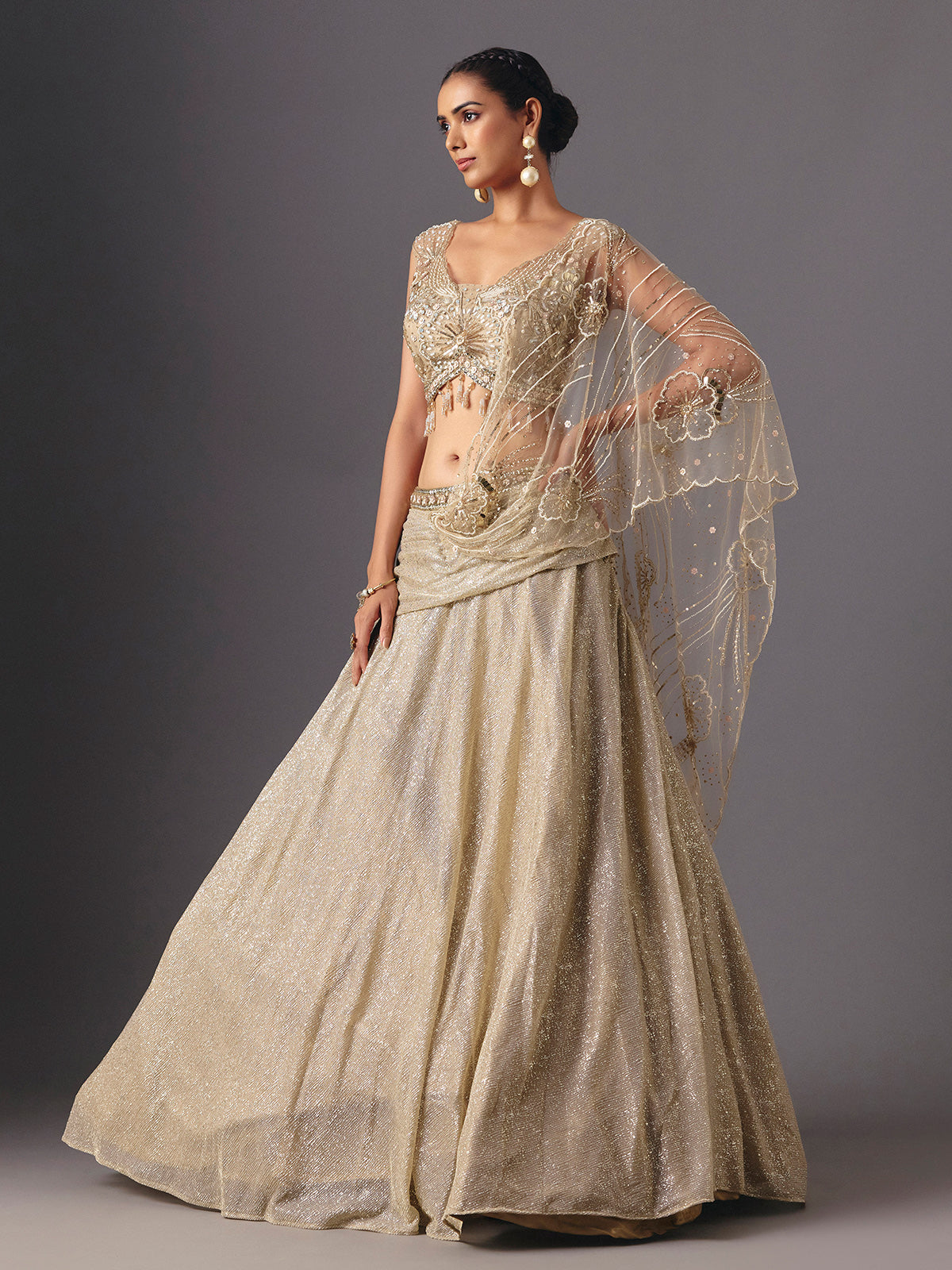 Cream lehenga choli with stylish pre draped dupatta