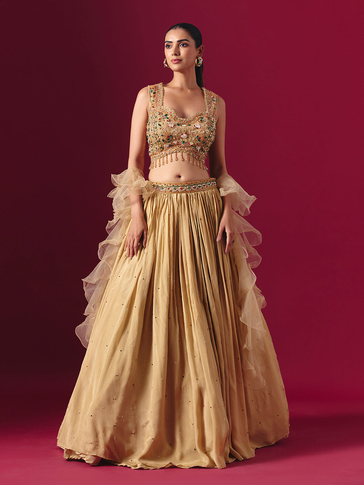 Dark beige party wear lehenga choli with ruffle dupatta
