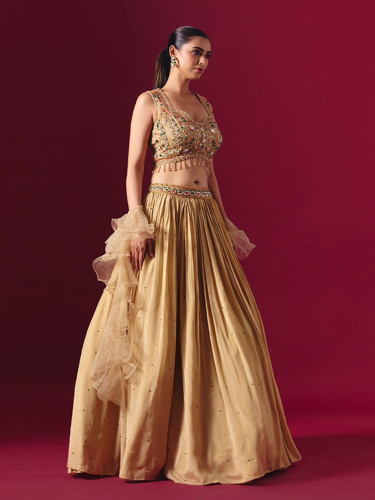 Dark beige party wear lehenga choli with ruffle dupatta