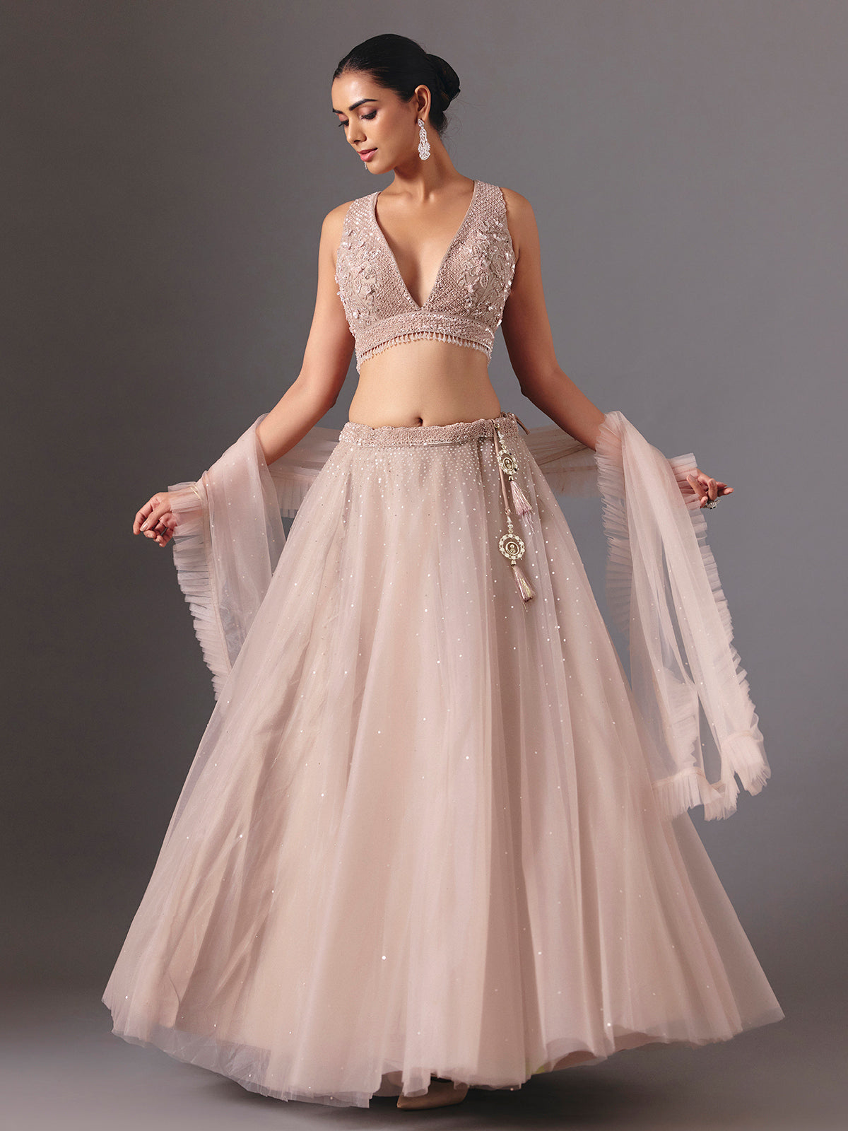 Beige net designer lehenga choli with elegant dupatta glamour style