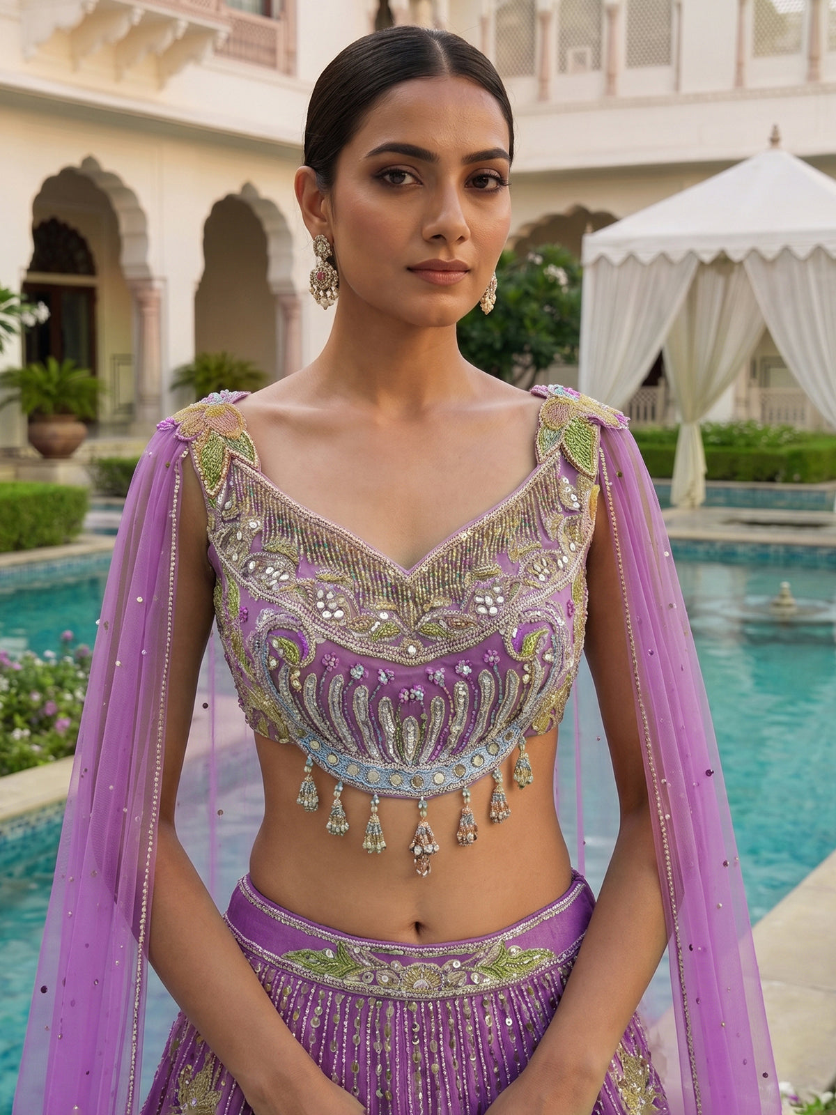 Purple silk cape designer party lehenga attire