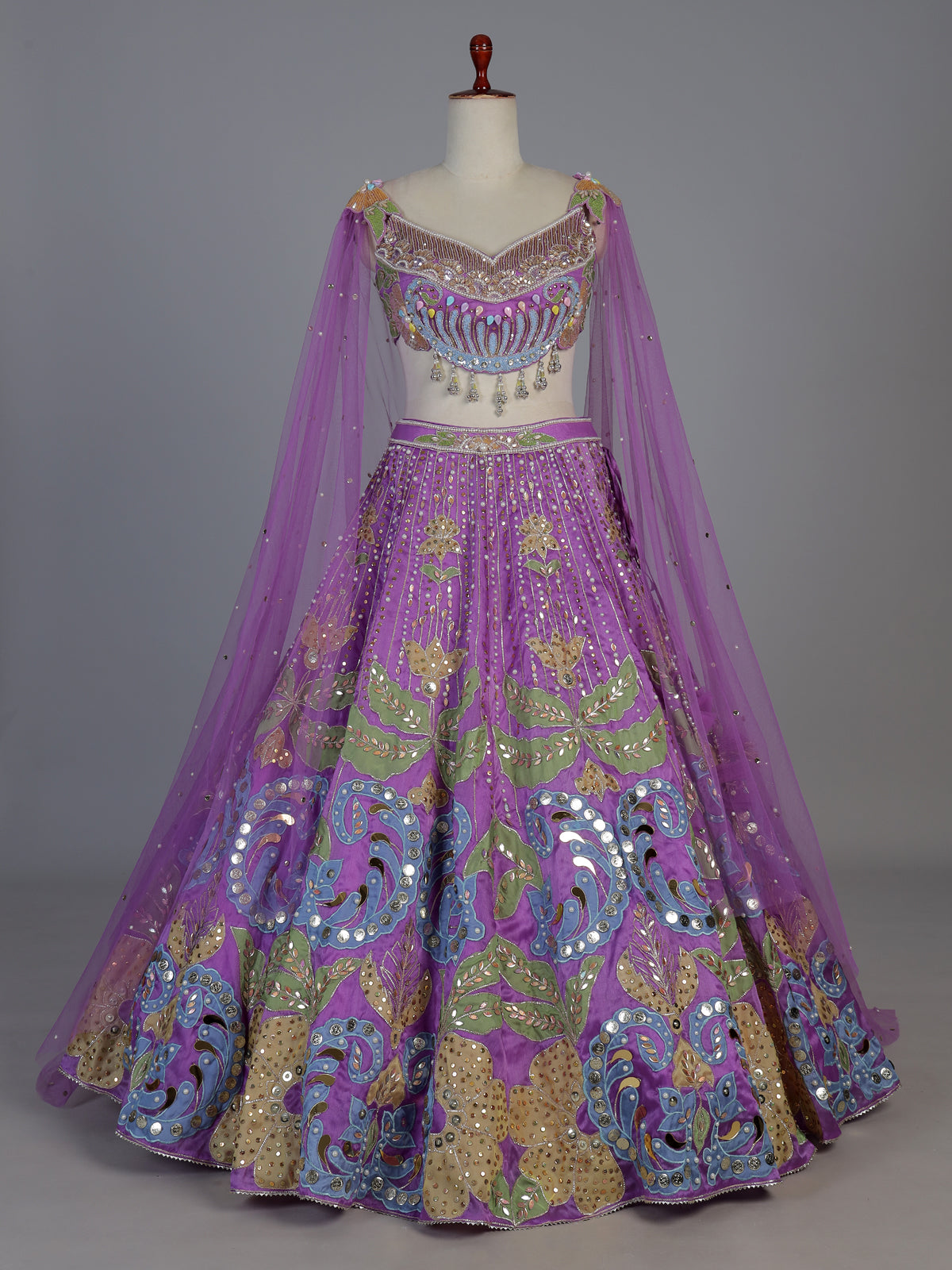 Purple silk cape designer party lehenga attire
