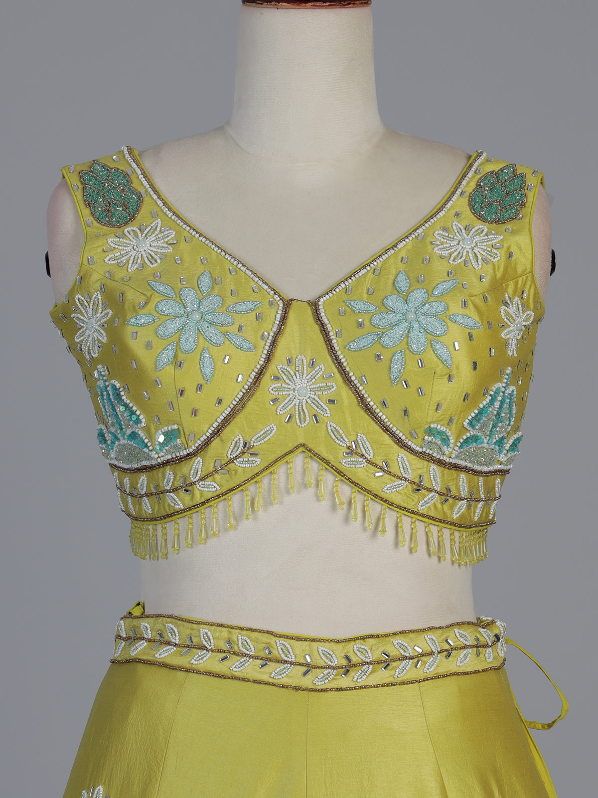 Yellow raw silk embroidered haldi lehenga attire