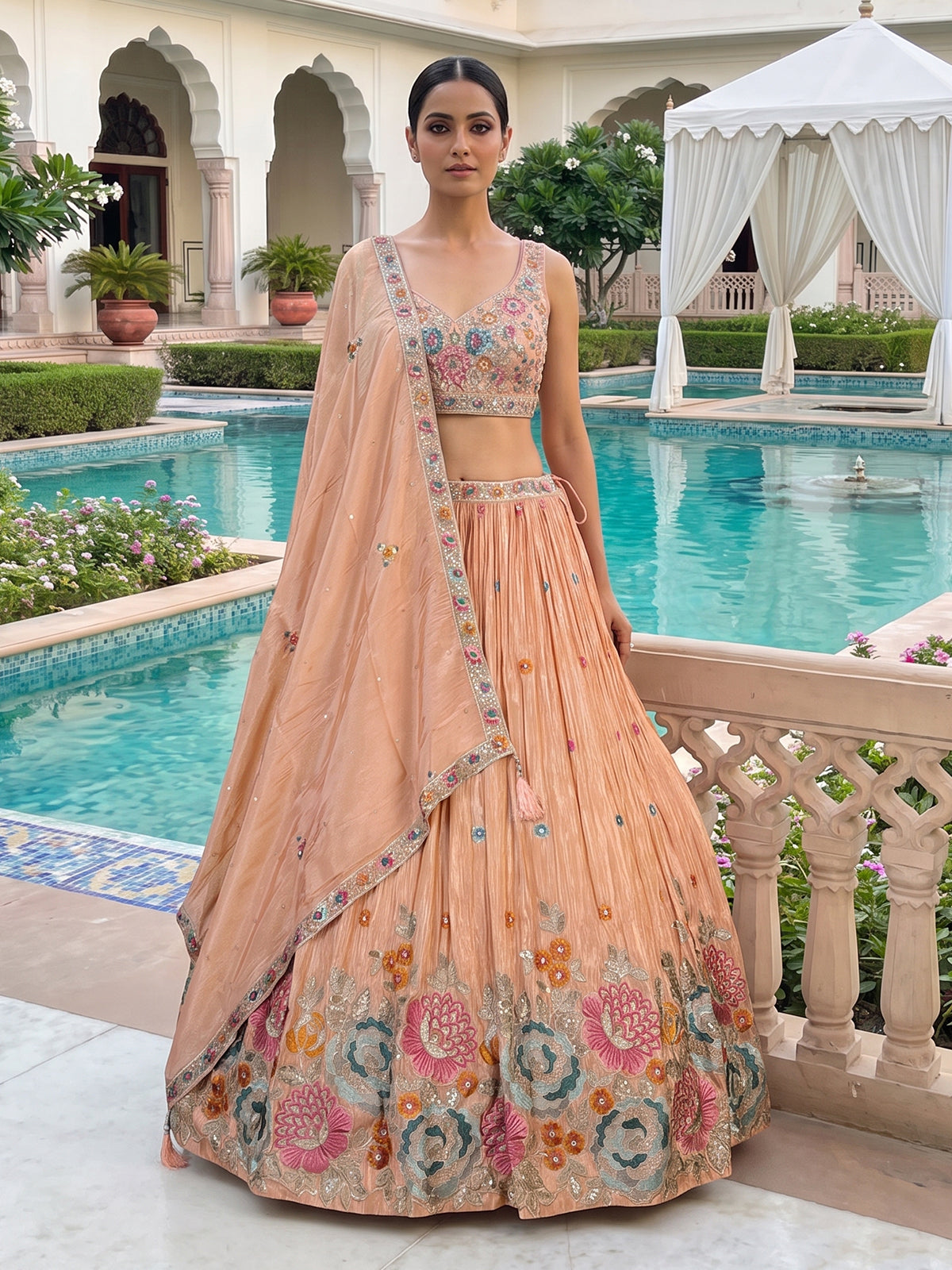 Peach crepe silk blooming garden lehenga choli
