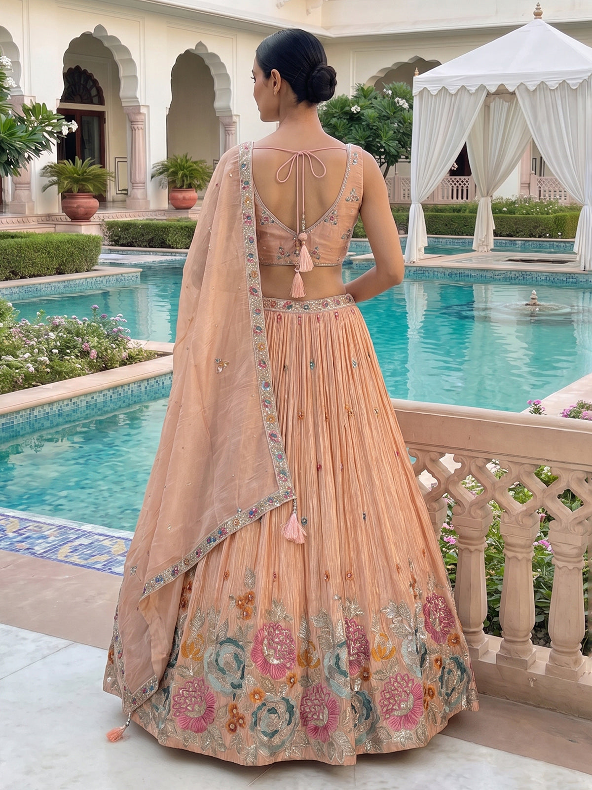 Peach crepe silk blooming garden lehenga choli