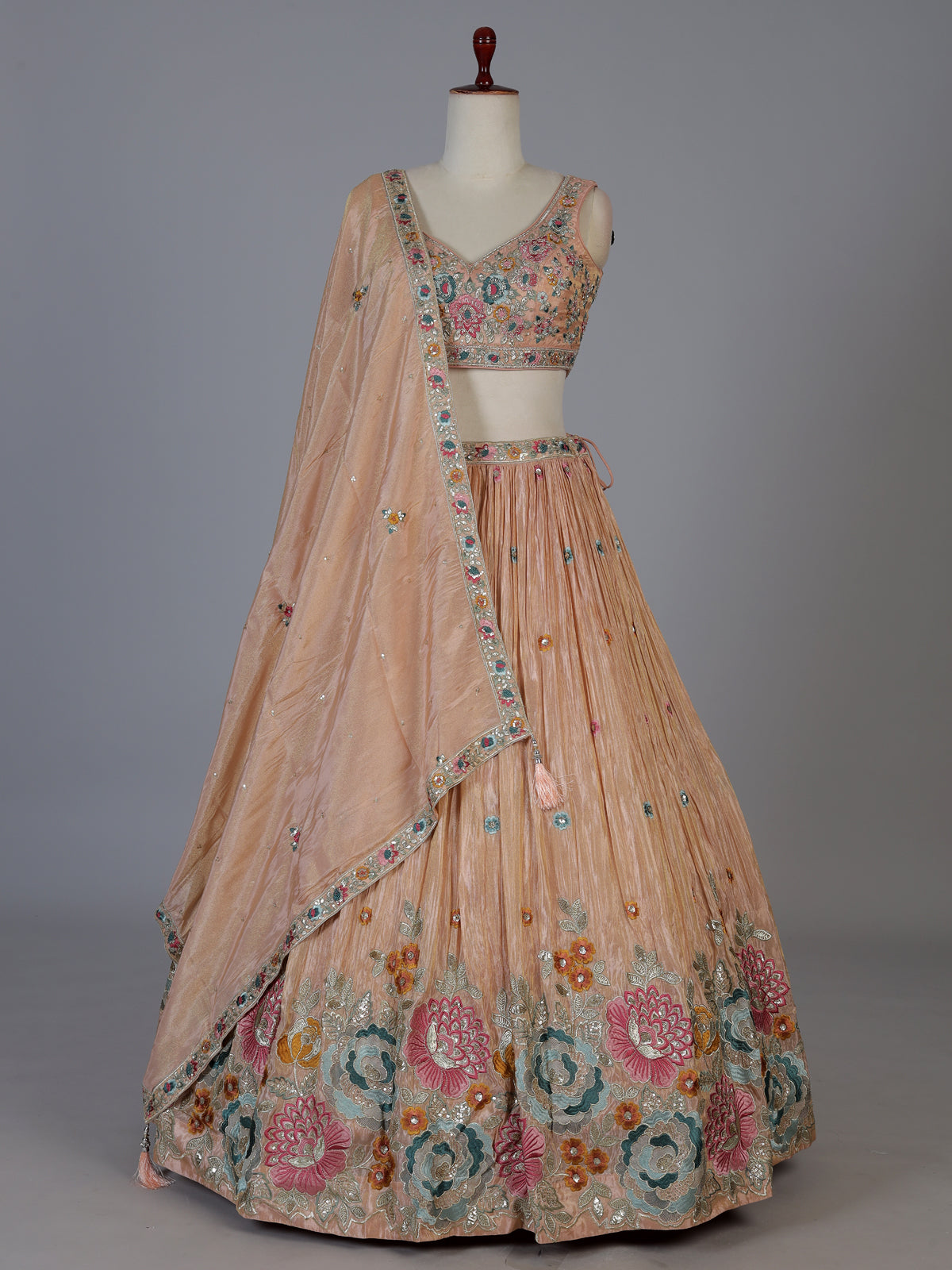 Peach crepe silk blooming garden lehenga choli