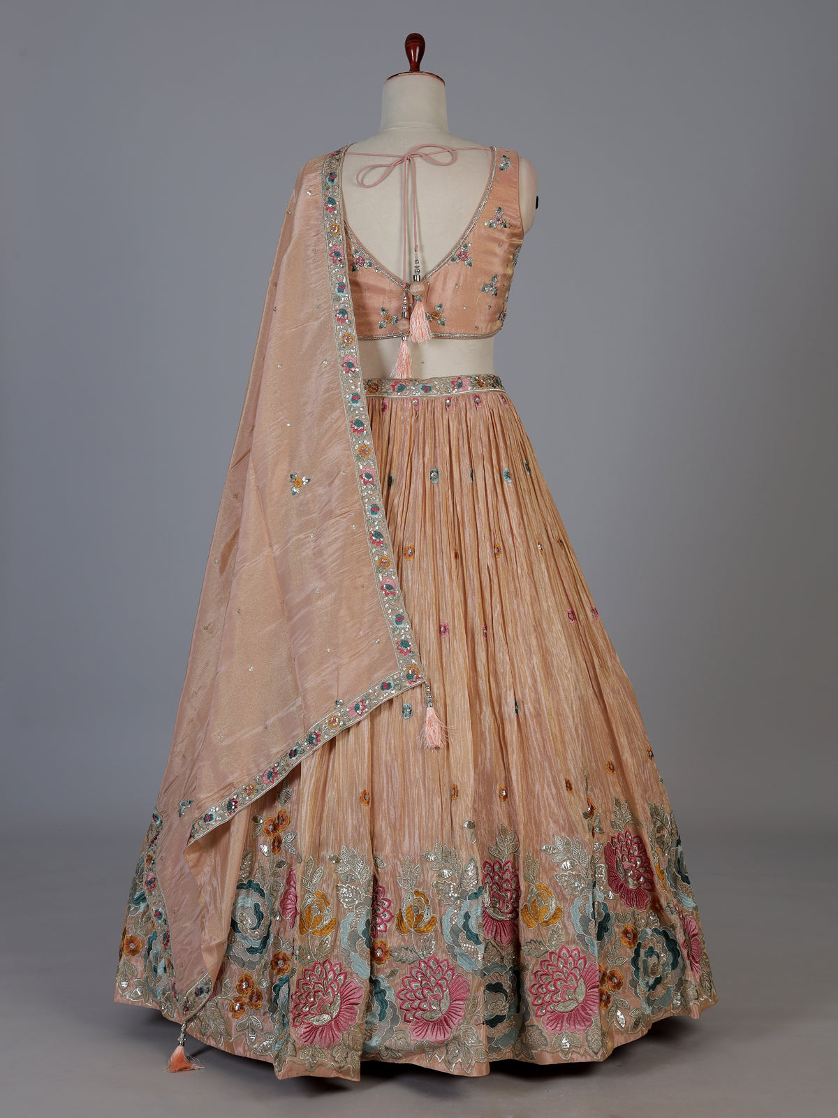 Peach crepe silk blooming garden lehenga choli