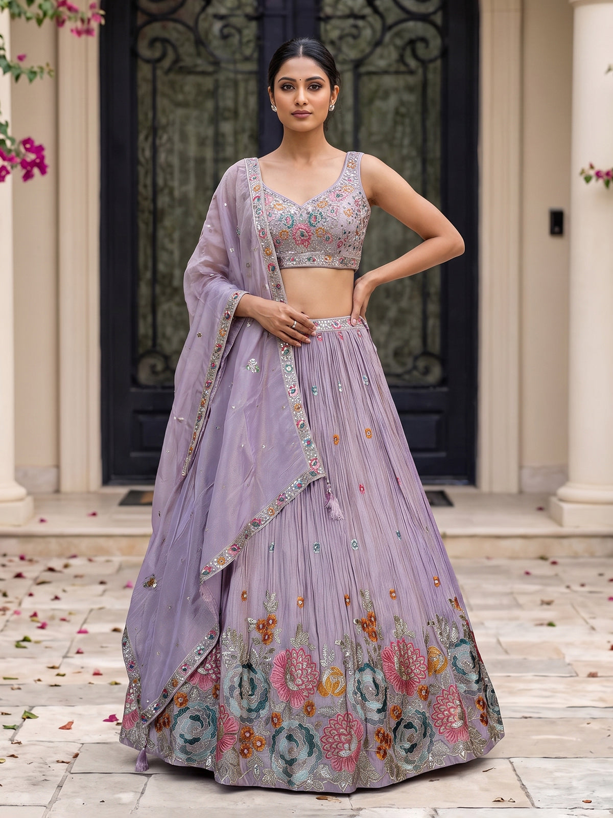 Lavender crepe silk floral garden lehenga ensemble