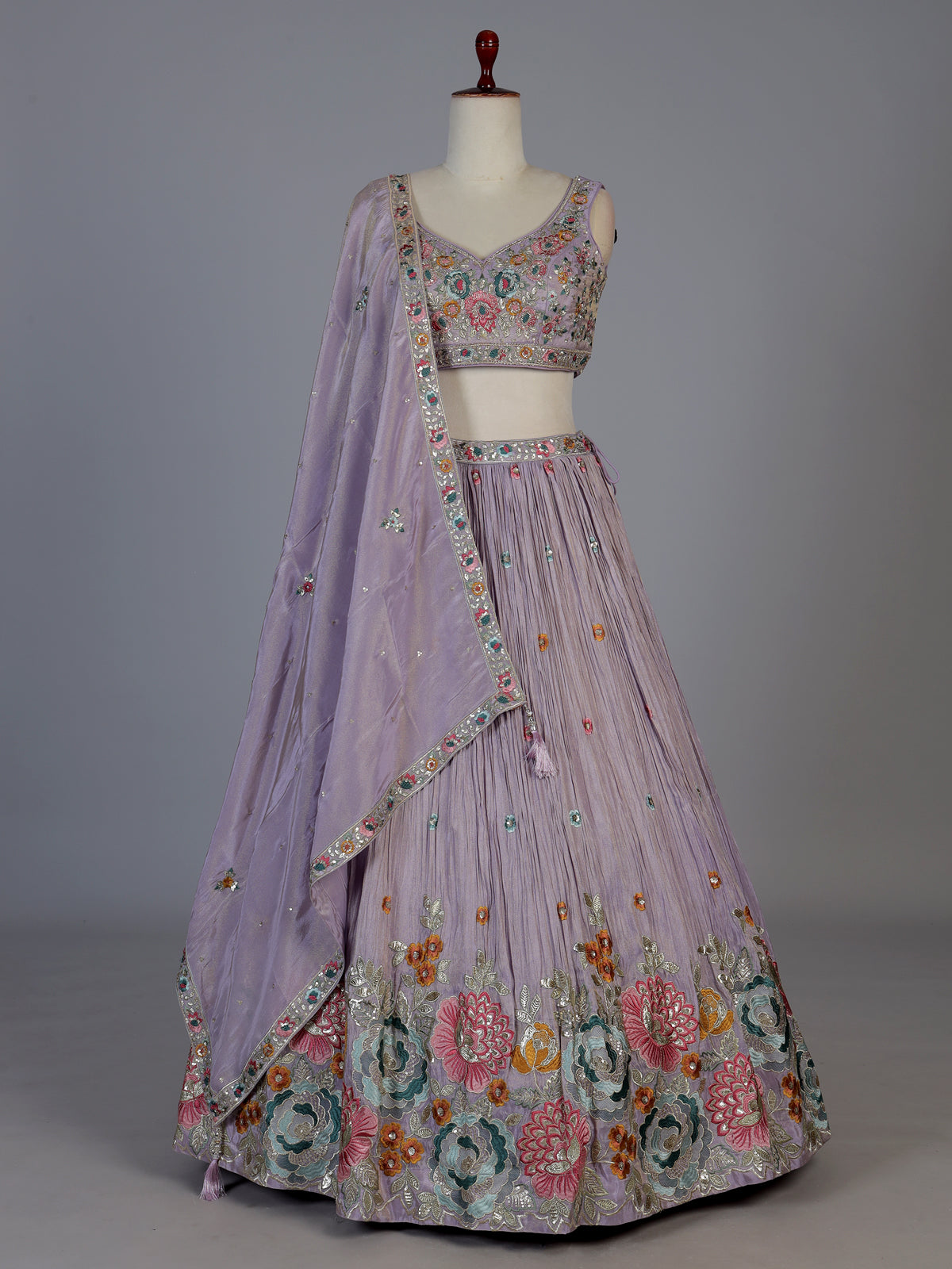 Lavender crepe silk floral garden lehenga ensemble