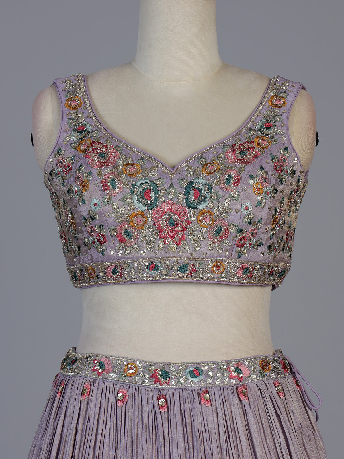 Lavender crepe silk floral garden lehenga ensemble