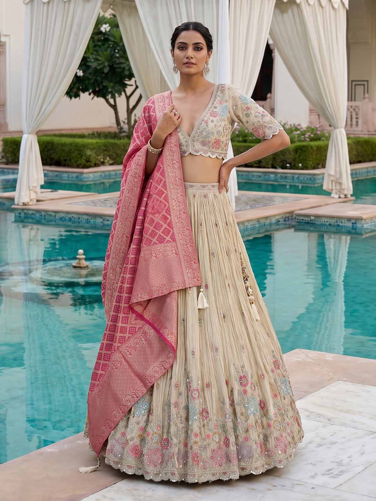 Golden crepe silk botanical embroidered lehenga attire