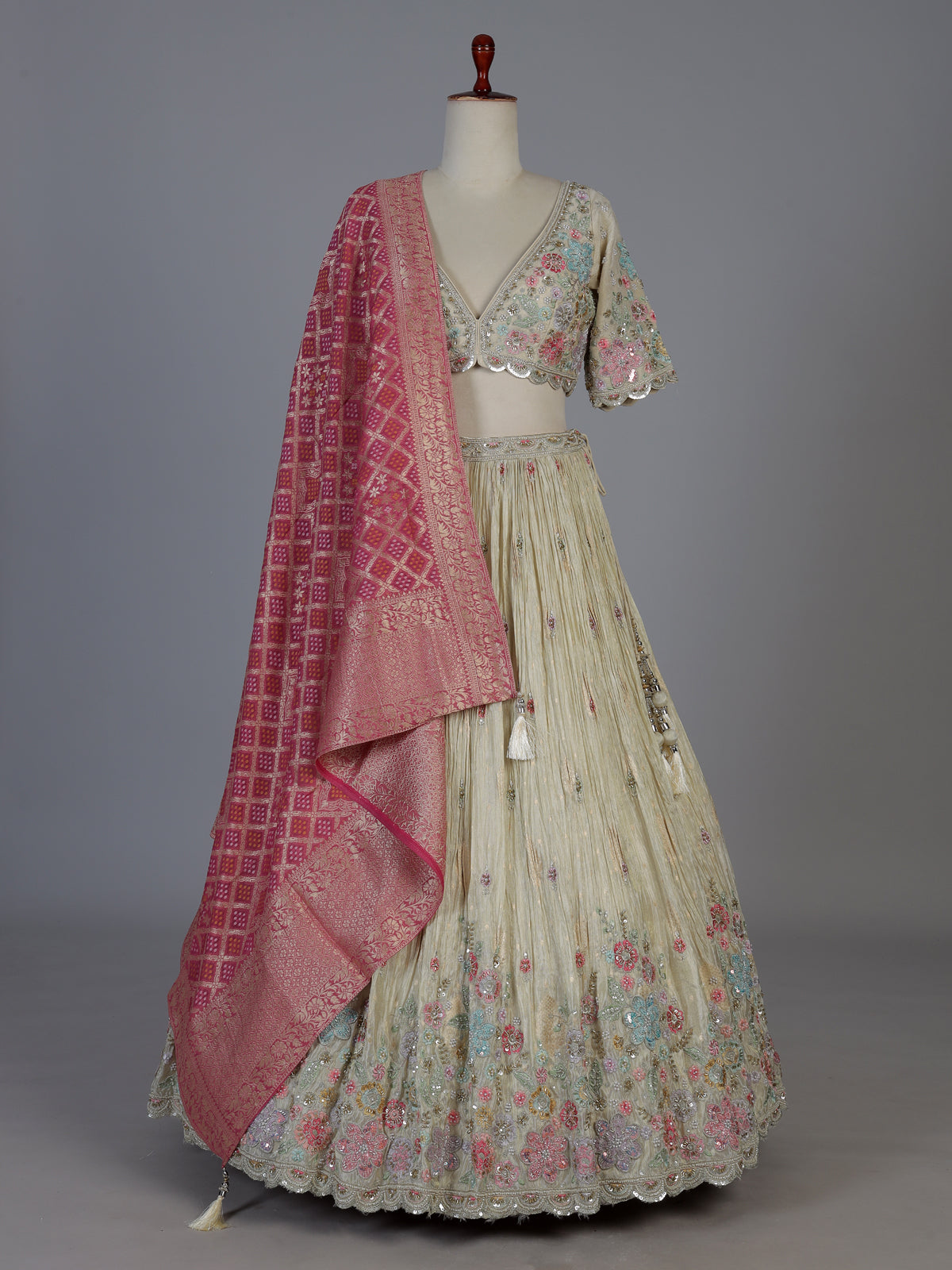 Golden crepe silk botanical embroidered lehenga attire