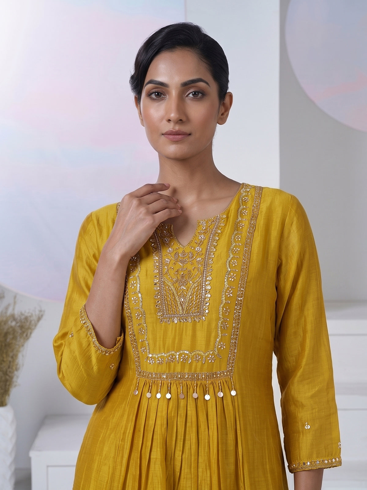 Mustard yellow silk embellished yoke style kurti set with dupatta