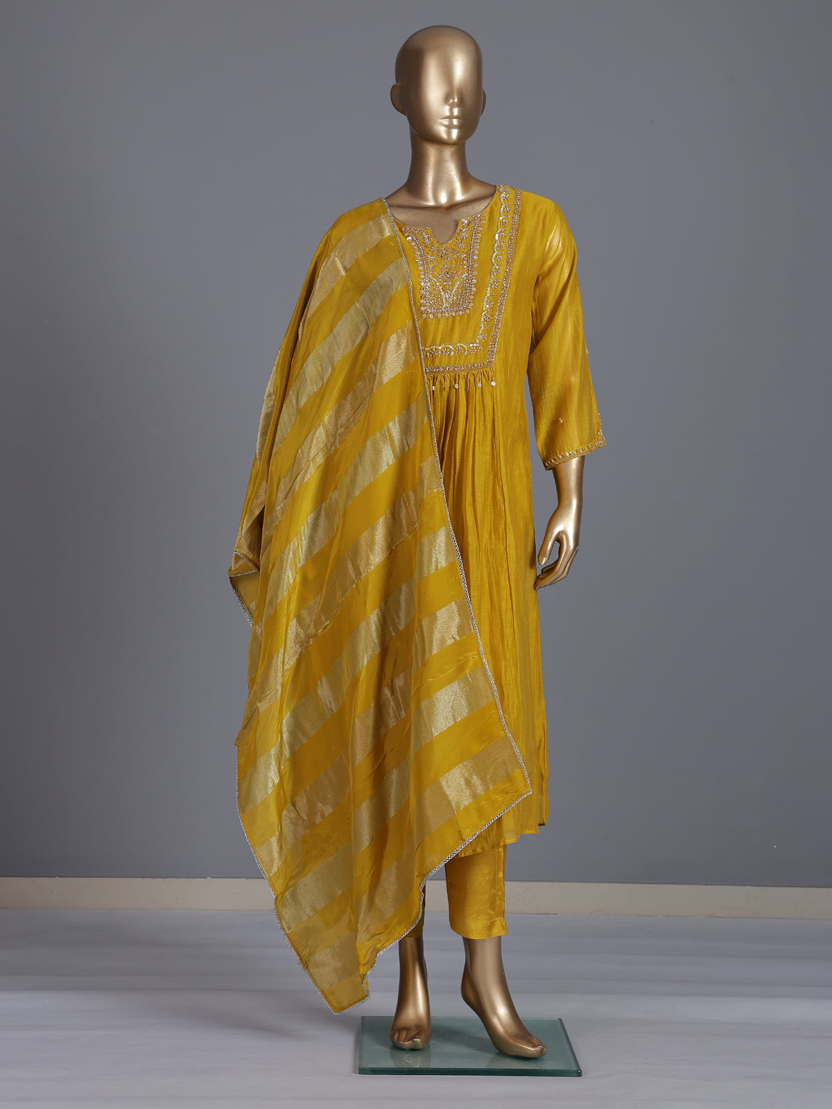 Mustard yellow silk embellished yoke style kurti set with dupatta
