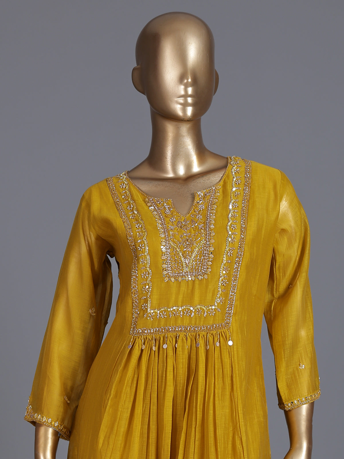Mustard yellow silk embellished yoke style kurti set with dupatta