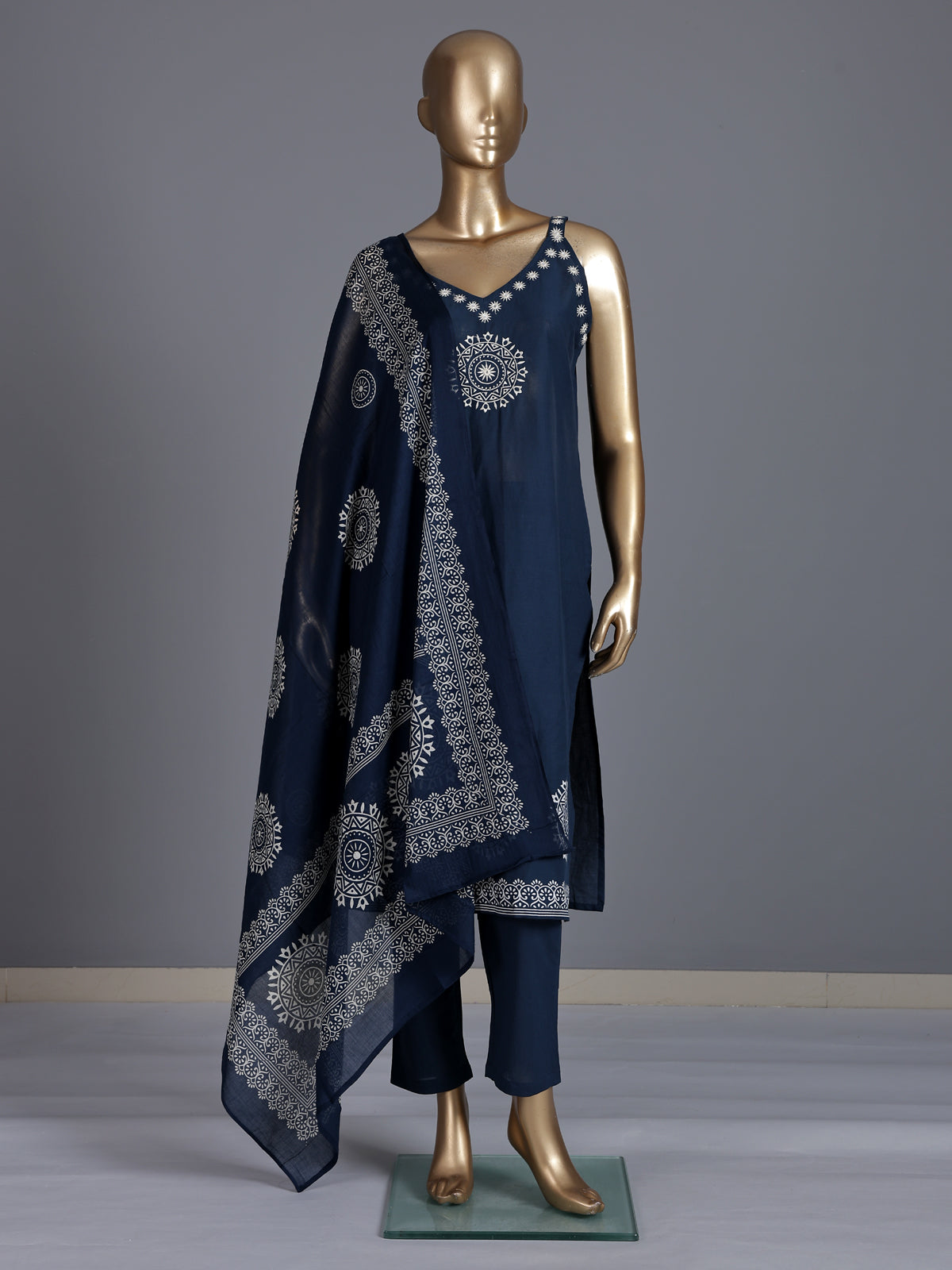 Navy cotton embroidered straight kurti set with dupatta