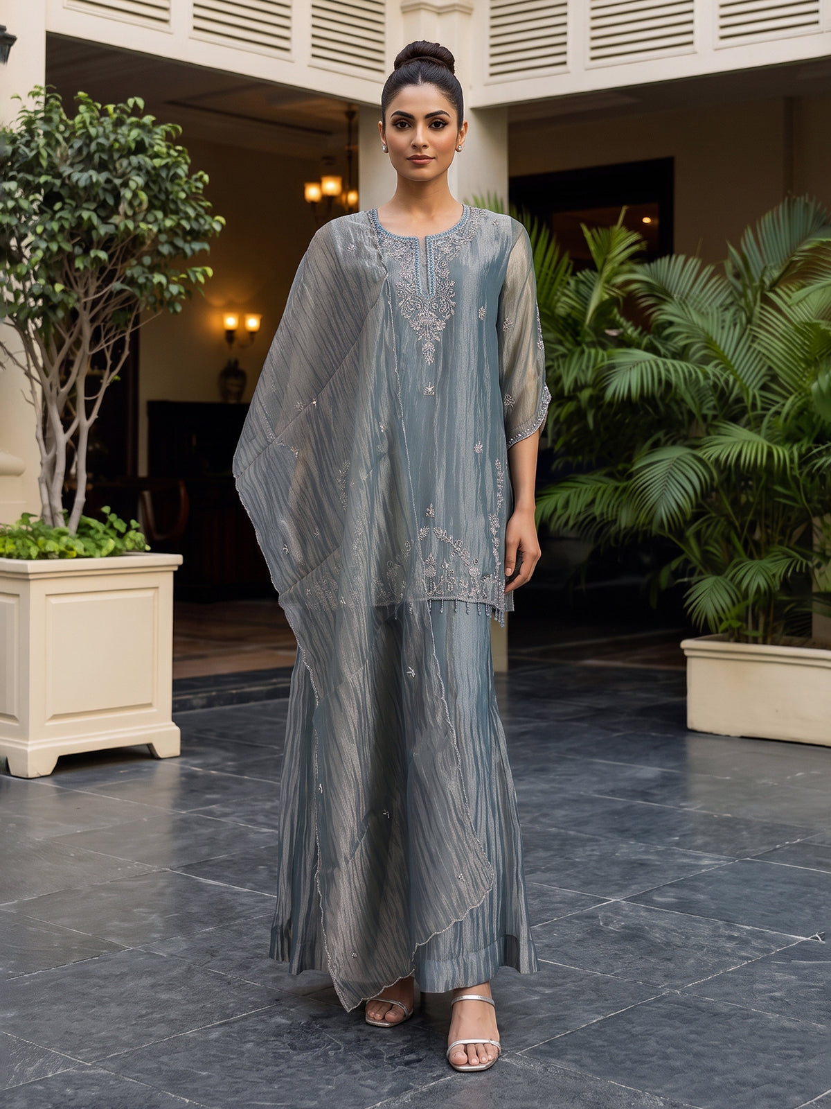 Stone grey tissue silk embellished palazzo kurti set for women