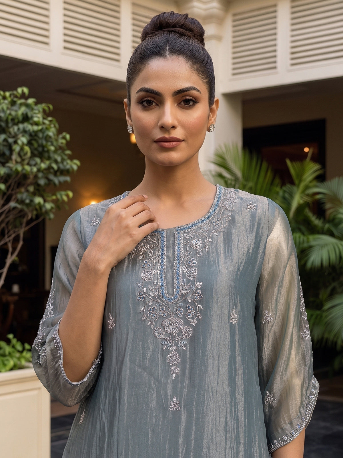 Stone grey tissue silk embellished palazzo kurti set for women