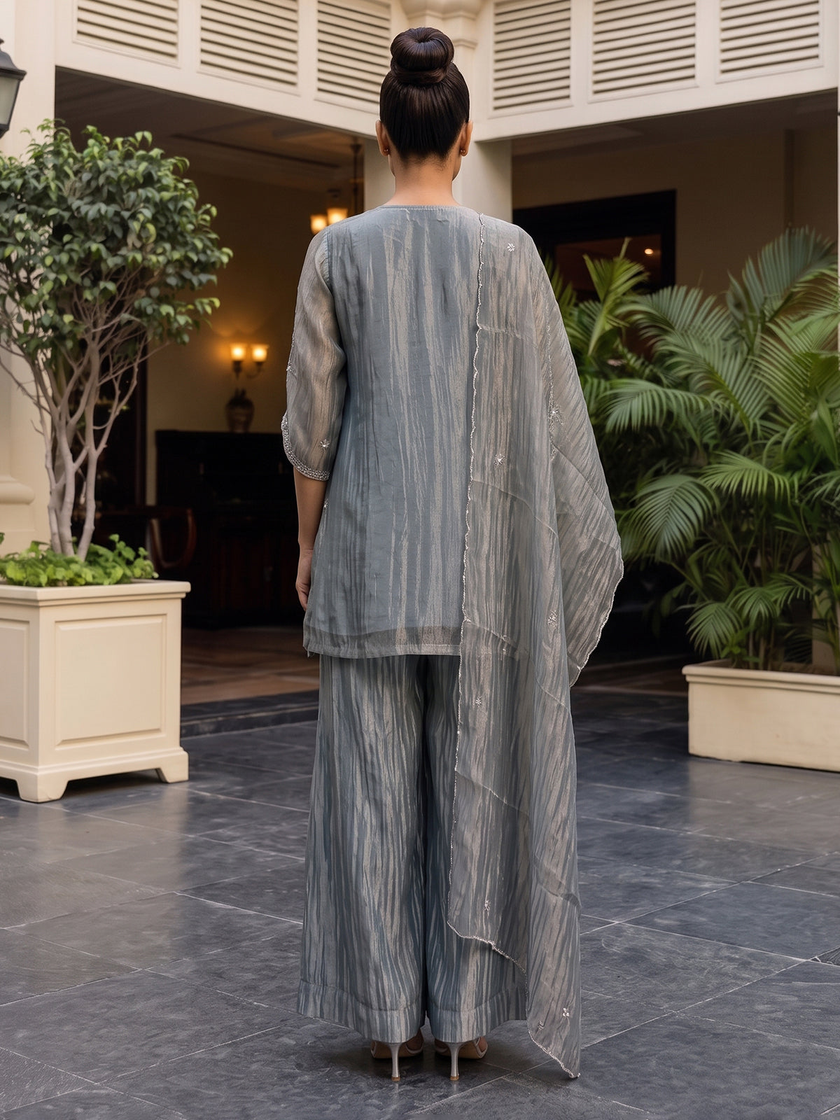 Stone grey tissue silk embellished palazzo kurti set for women