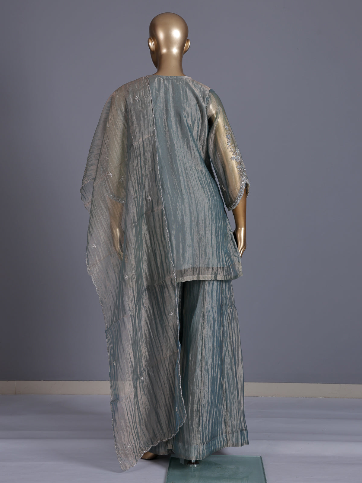 Stone grey tissue silk embellished palazzo kurti set for women