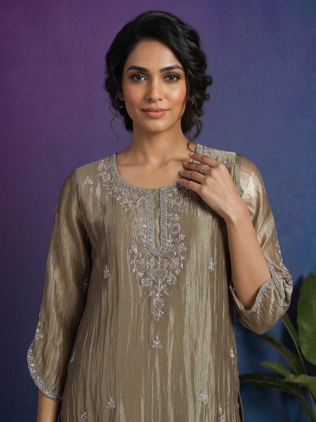 Beige tissue silk embellished palazzo kurti set for women