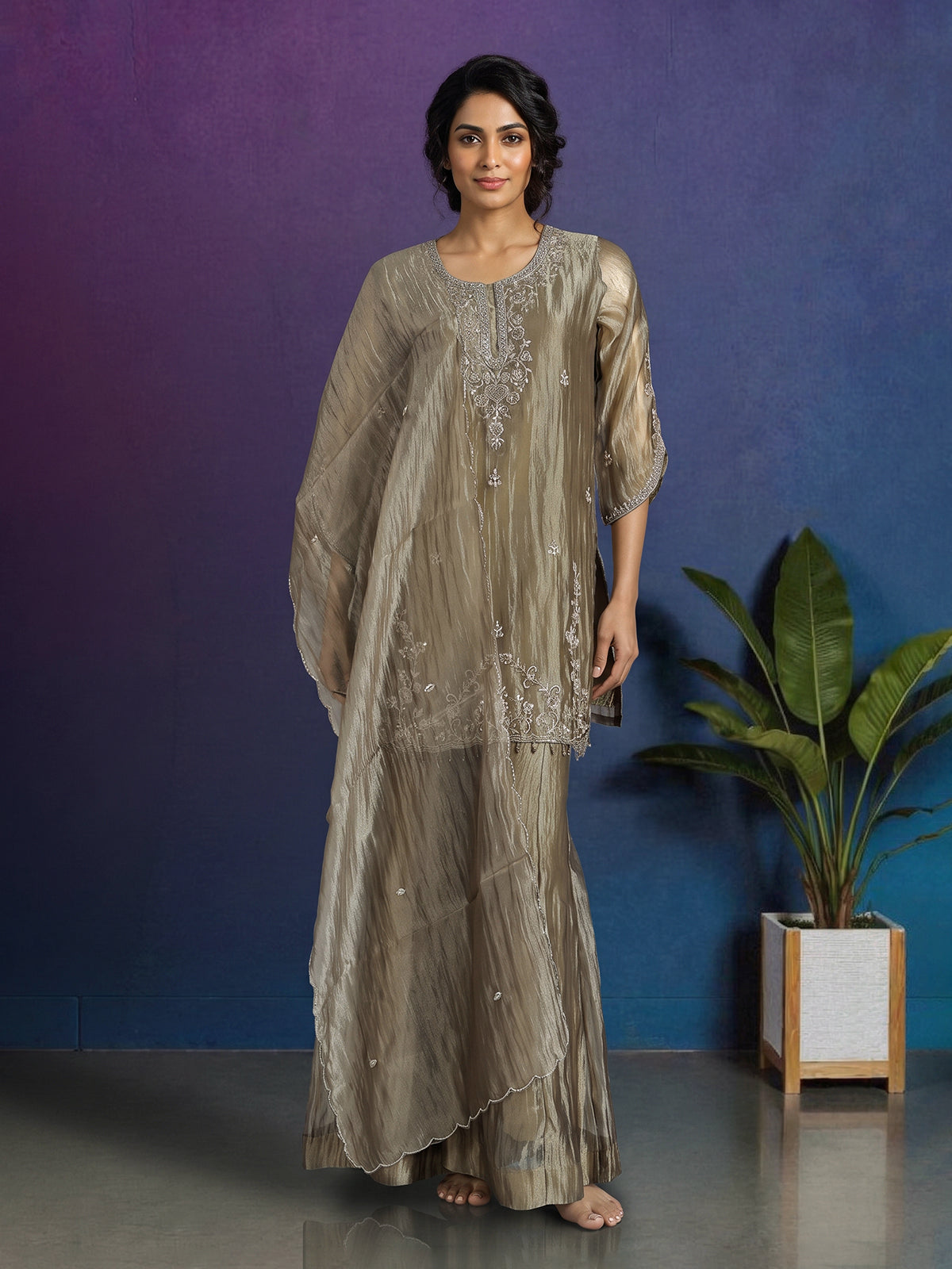 Beige tissue silk embellished palazzo kurti set for women