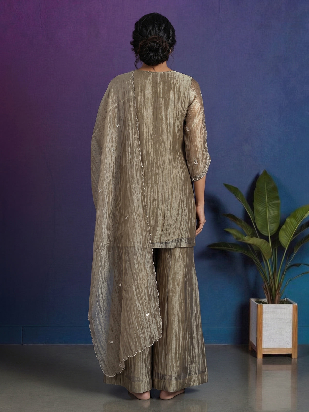 Beige tissue silk embellished palazzo kurti set for women