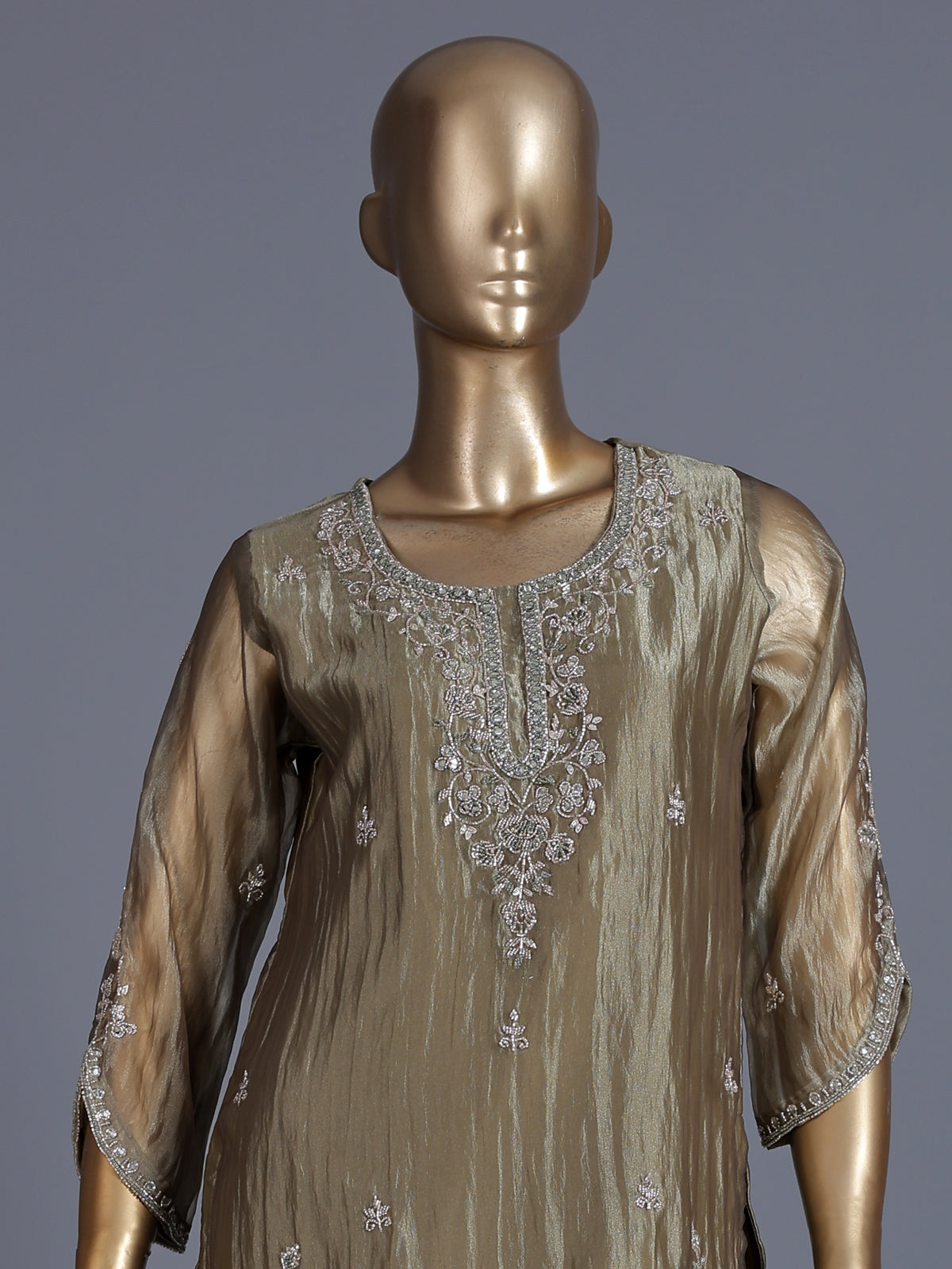 Beige tissue silk embellished palazzo kurti set for women