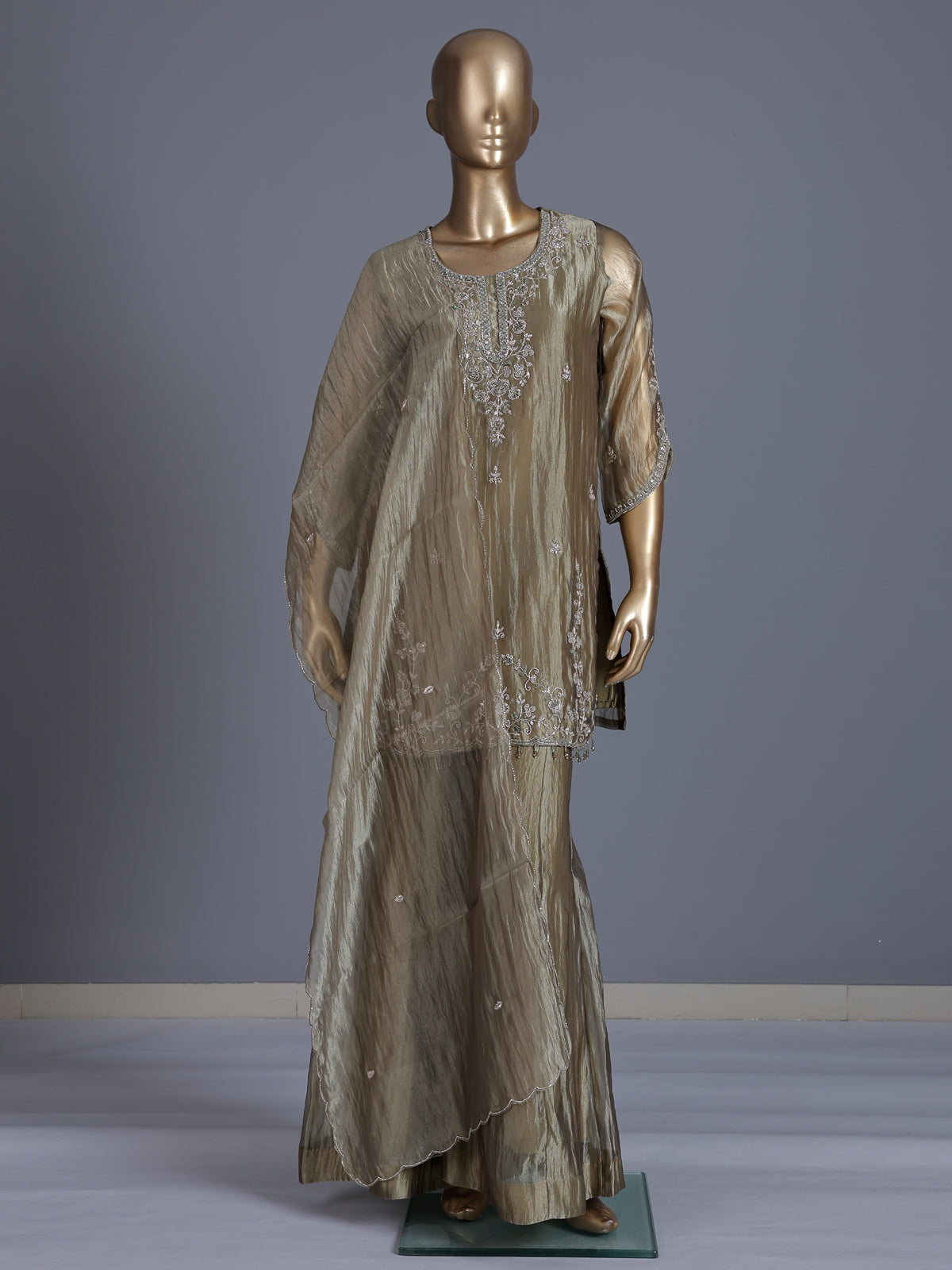 Beige tissue silk embellished palazzo kurti set for women