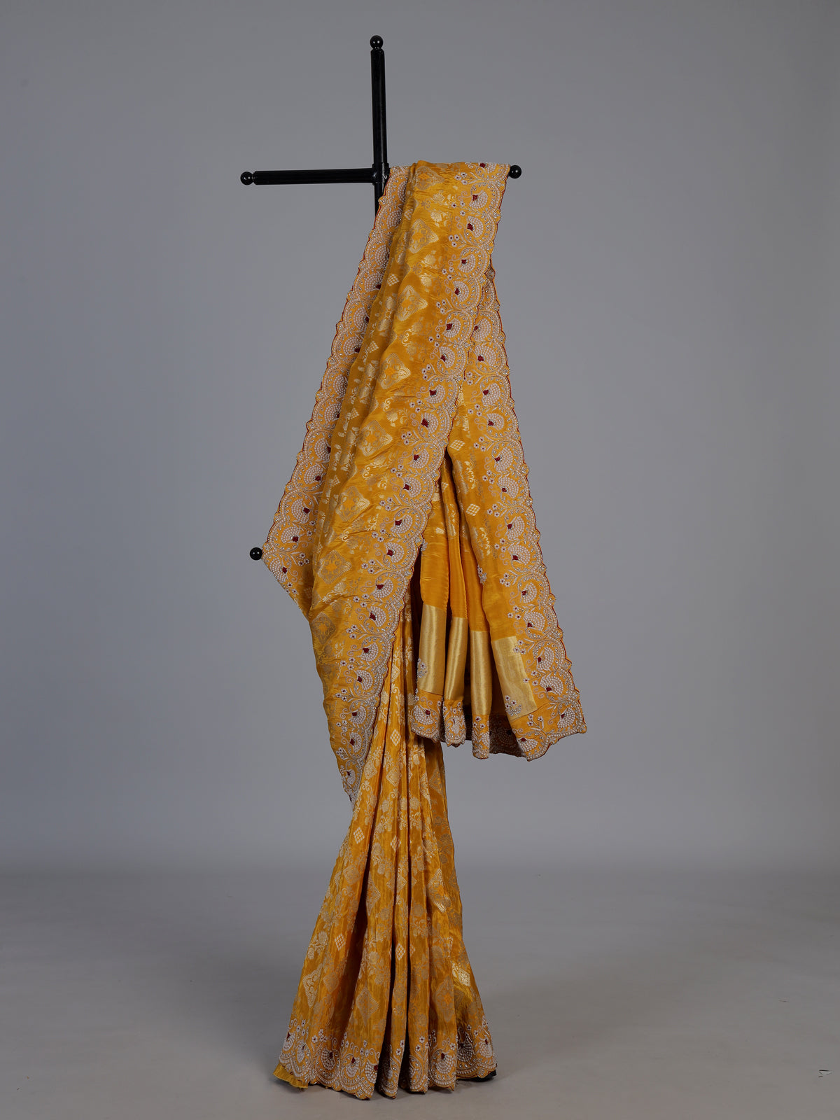 Yellow dola silk scalloped festive saree