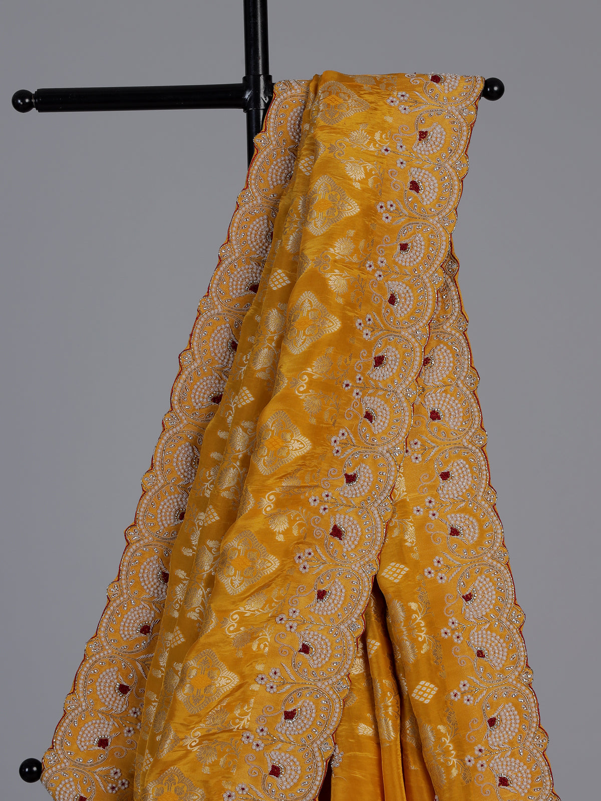Yellow dola silk scalloped festive saree