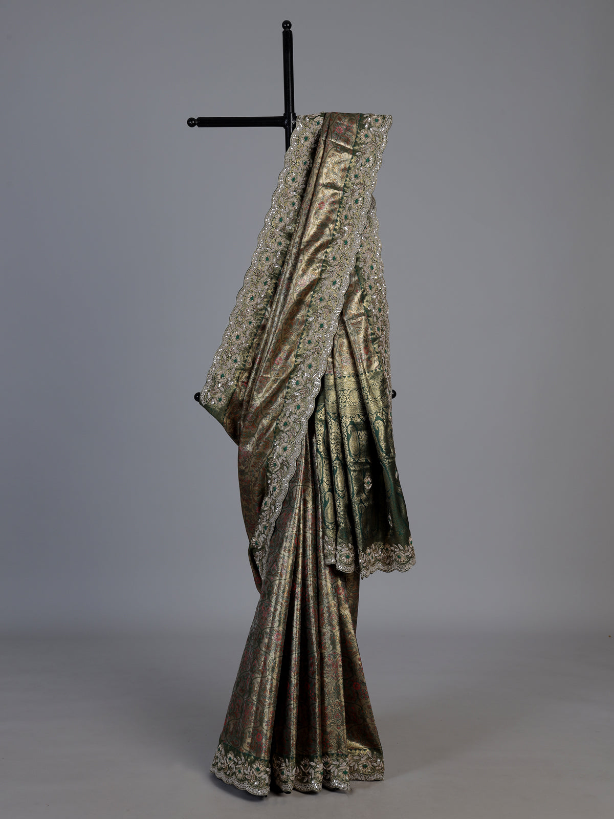 Green art tissue silk peacock embroidered designer saree