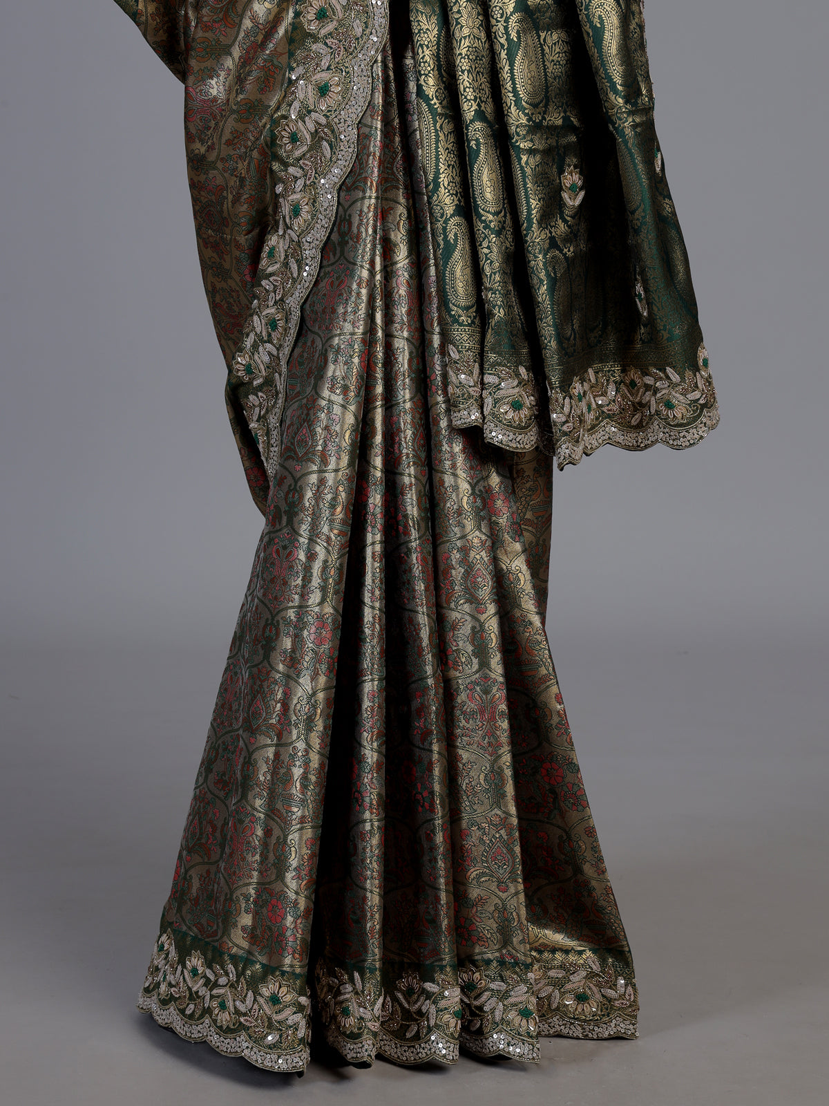 Green art tissue silk peacock embroidered designer saree