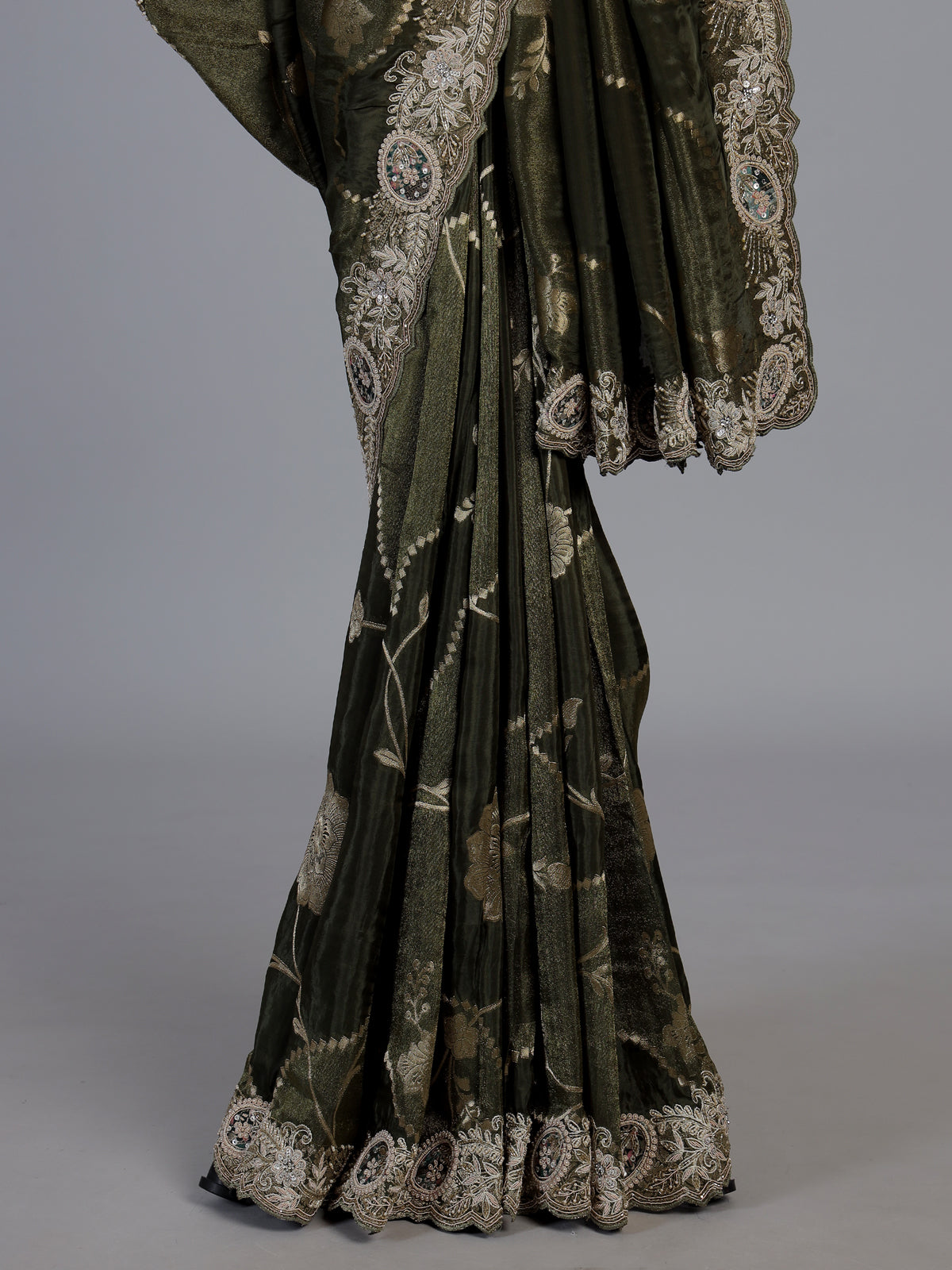 Green dola silk floral embroidered festive saree