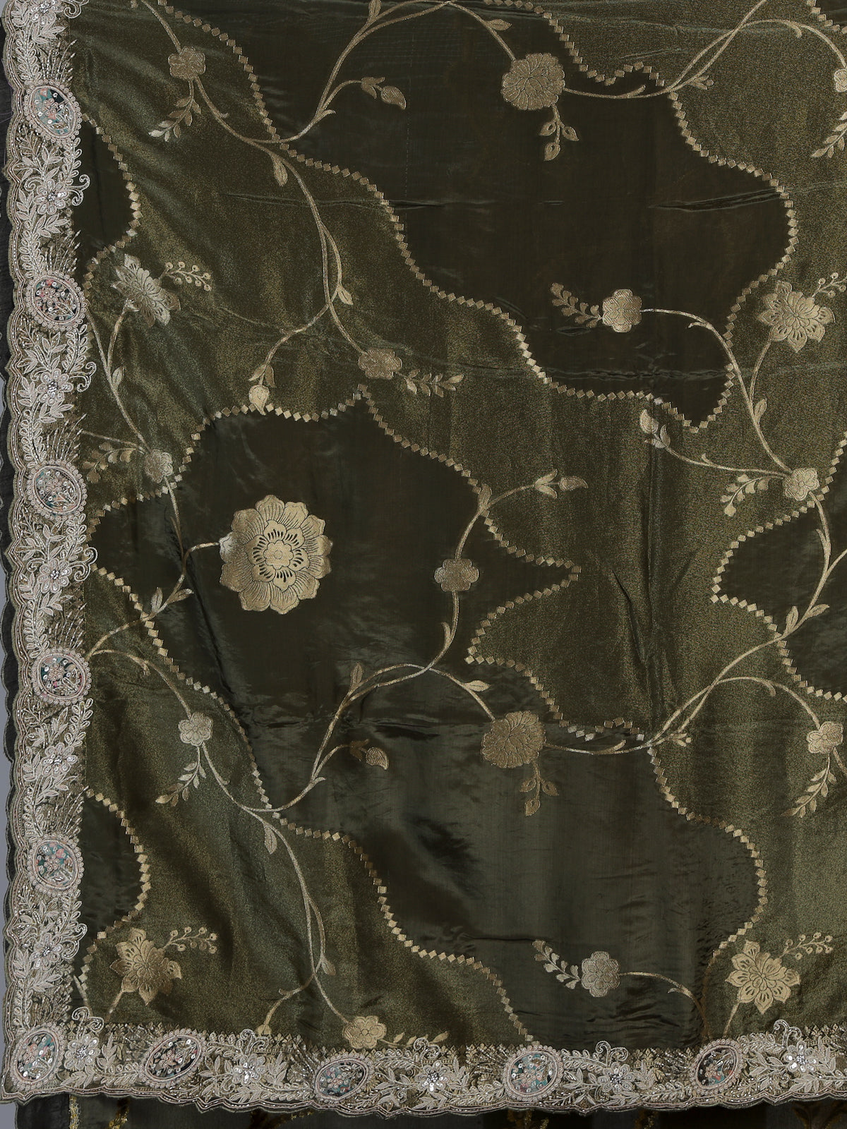 Green dola silk floral embroidered festive saree