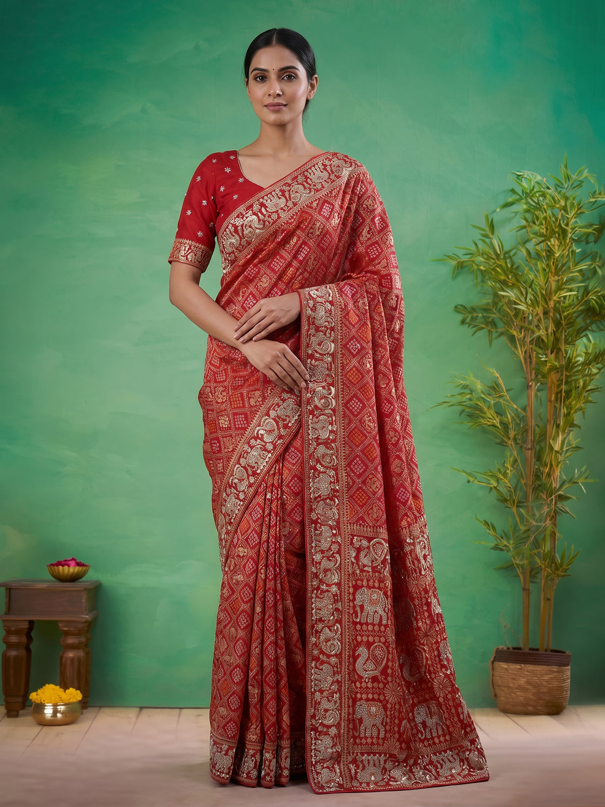 Red bandhani georgette heritage festive saree