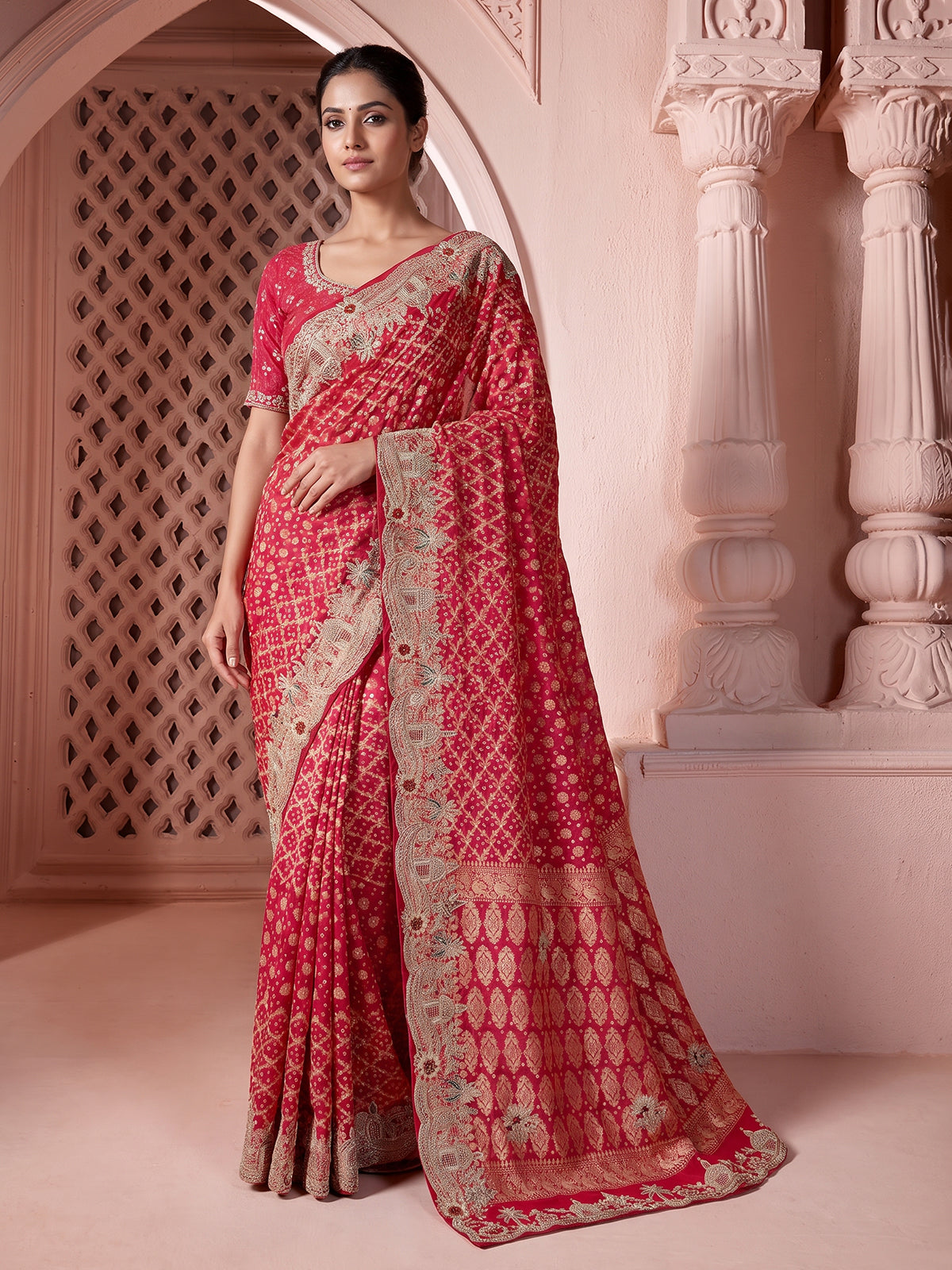 Rani pink bandhani georgette saree for wedding