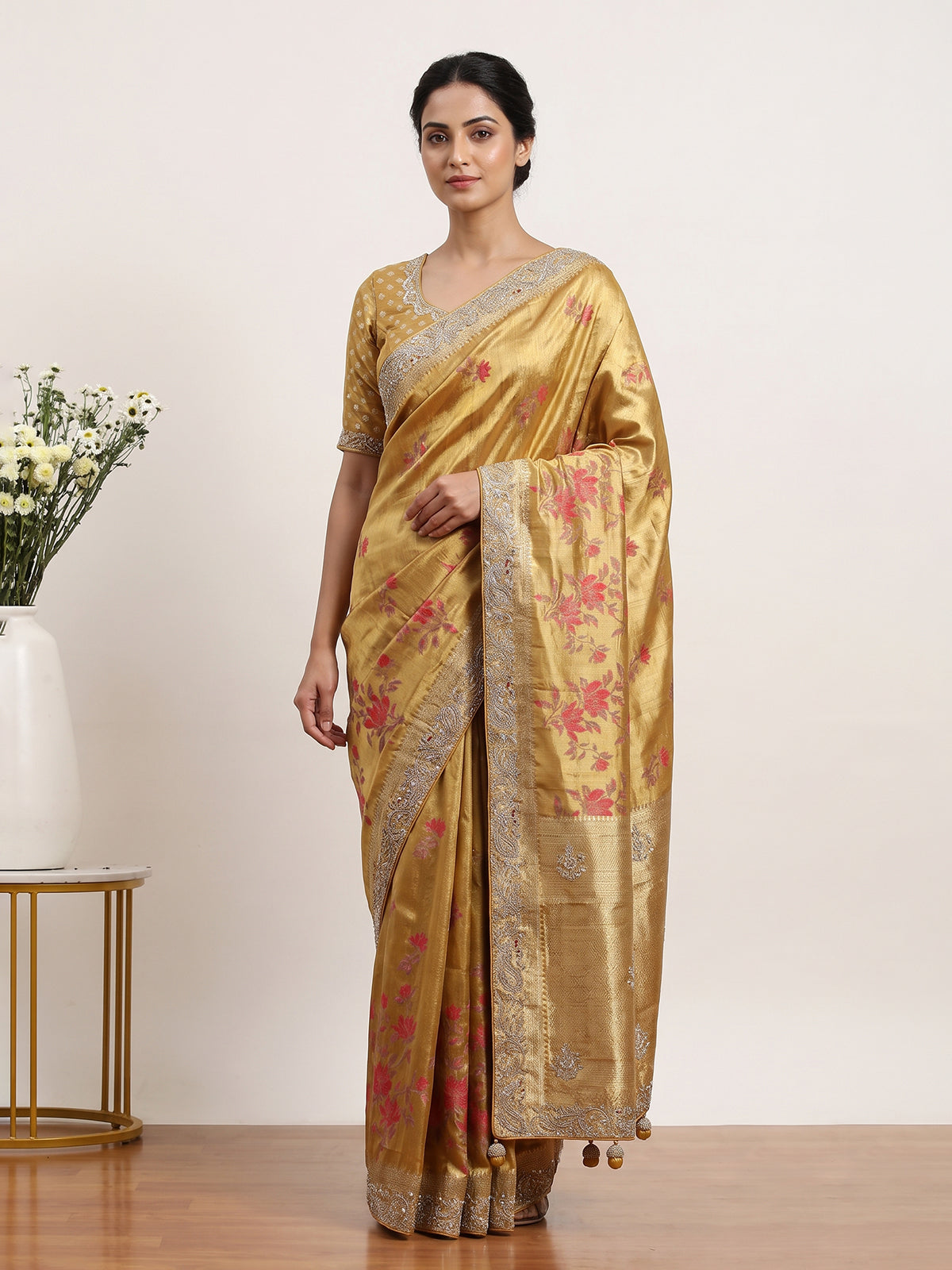 Mustard yellow floral designer tissue silk saree