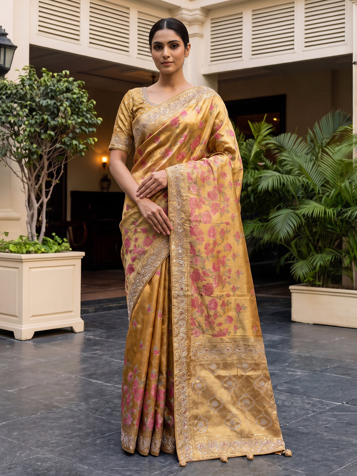Mustard yellow tissue silk saree with floral print