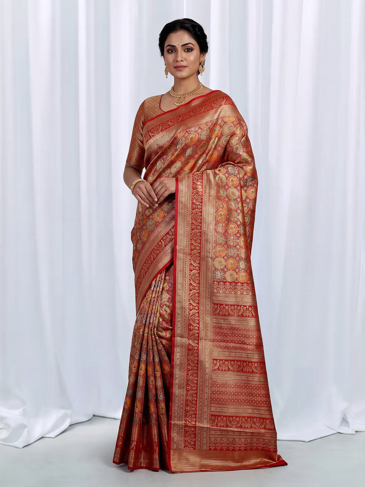Red art tissue kanjivaram parrot border saree