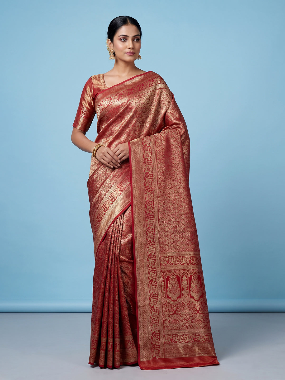 Red art tissue kanjivaram elephant motif saree